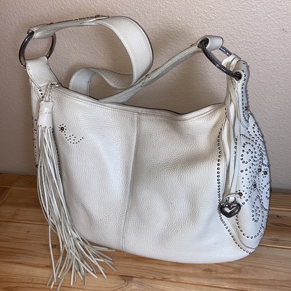 BRIGHTON Ivory Pebbled Leather Large Hobo Purse Handbag Studded Tassel Zipper - Picture 1 of 16
